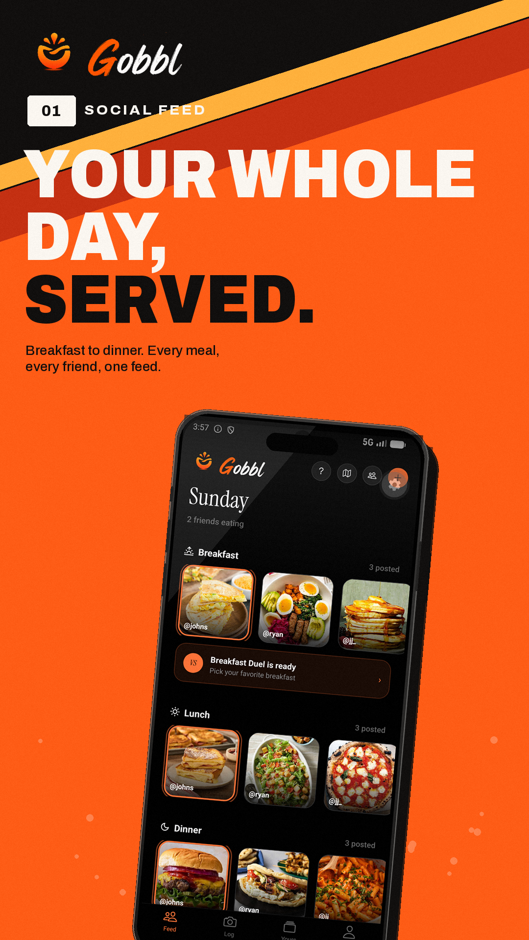Gobbl's feed screen showing friends' breakfast, lunch, and dinner posts