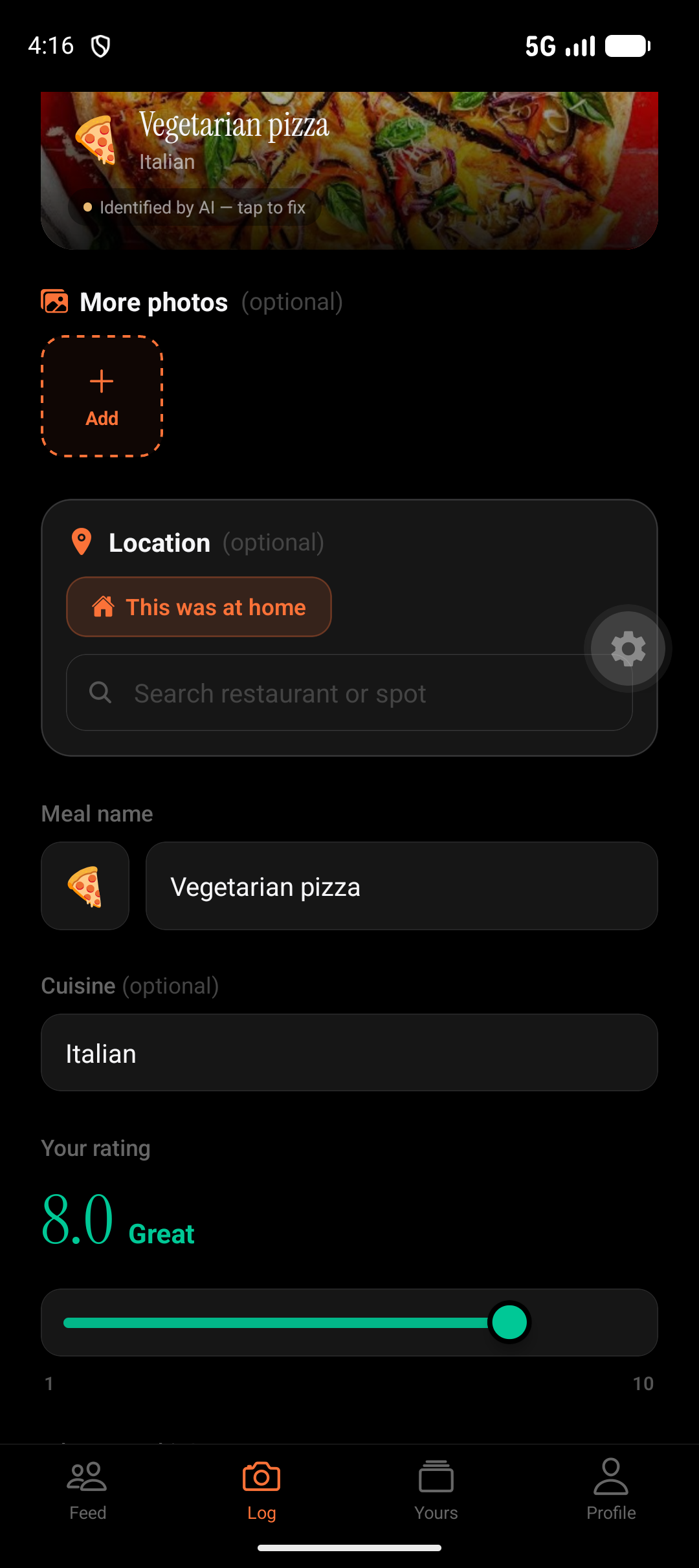 Logging a vegetarian pizza in Gobbl with an AI-identified name, cuisine, and rating slider